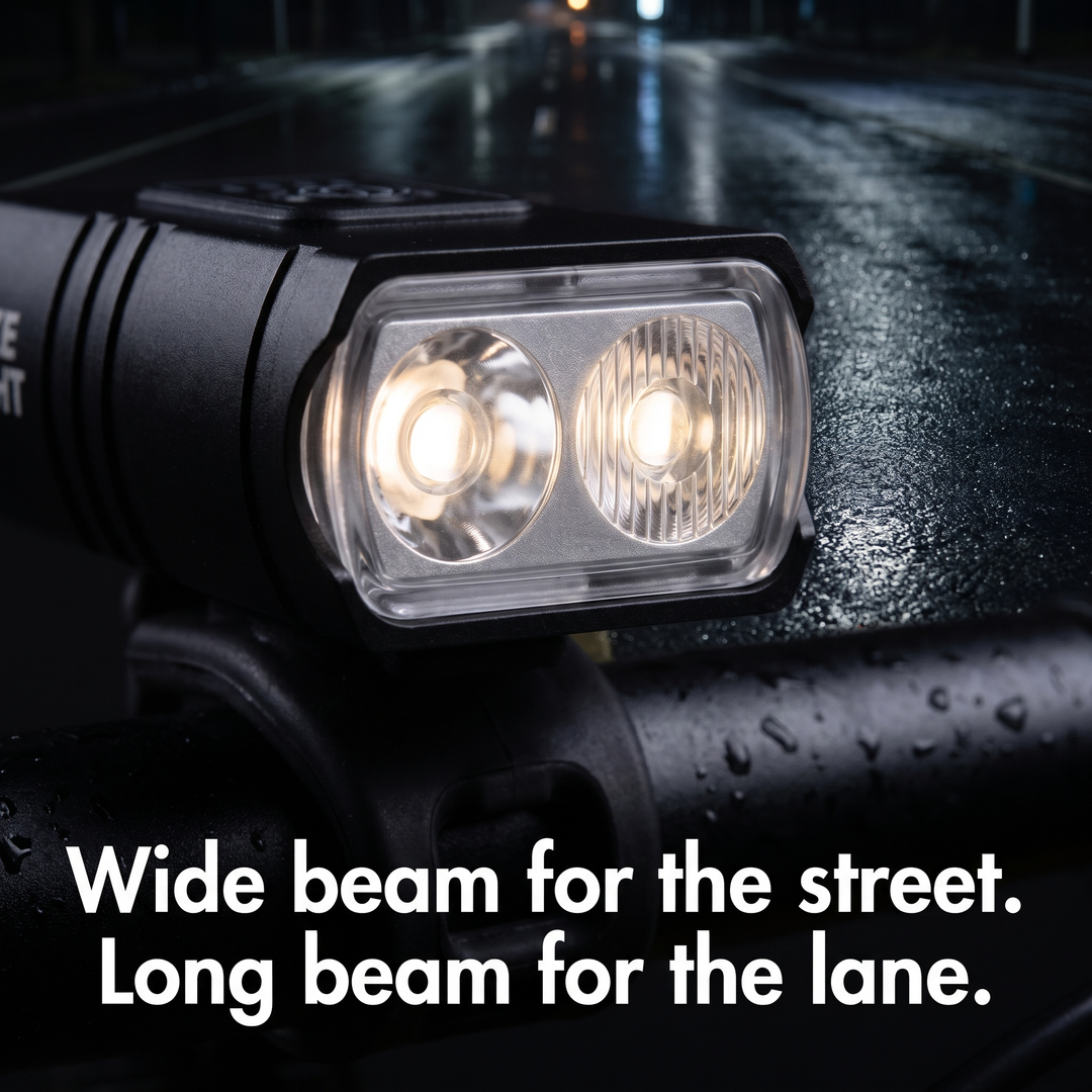Close-up of the front light's two reflectors for a wide beam and a long beam