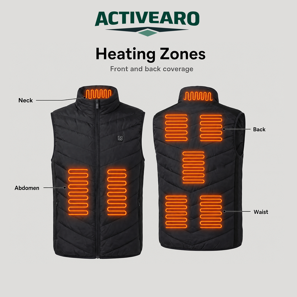Heating zones on the Activearo heated vest: neck, back, abdomen and waist
