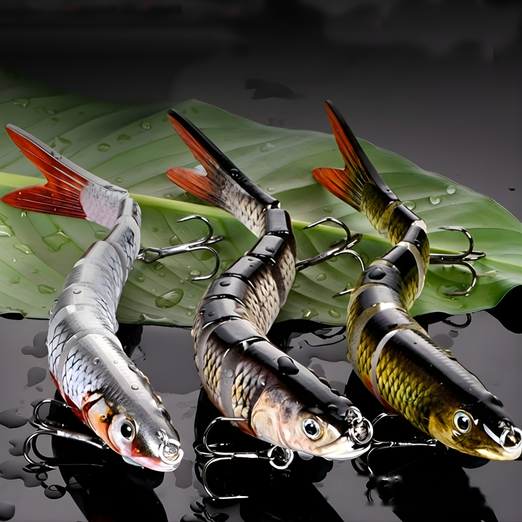 Three multi-jointed fishing lures on a wet leaf
