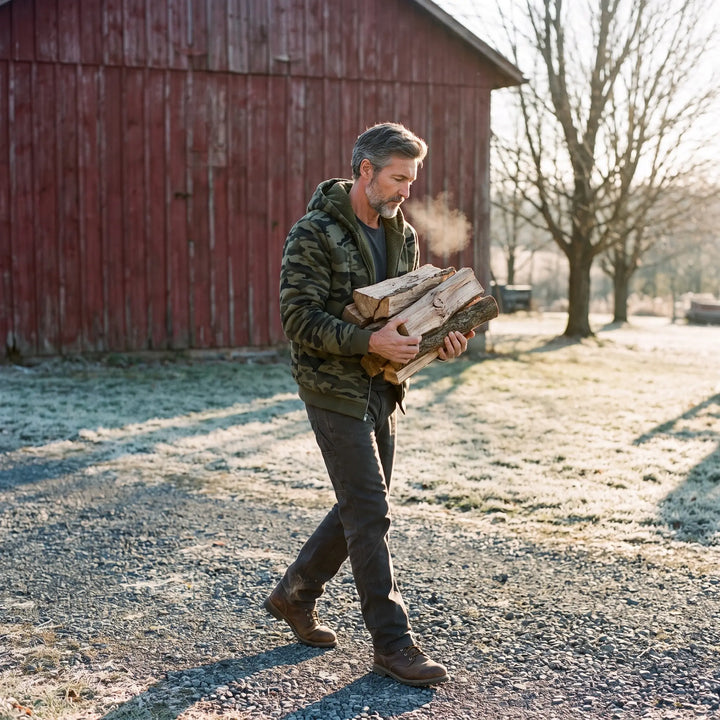 Man carrying firewood past a red barn on a frosty morning in the camo sherpa hoodie