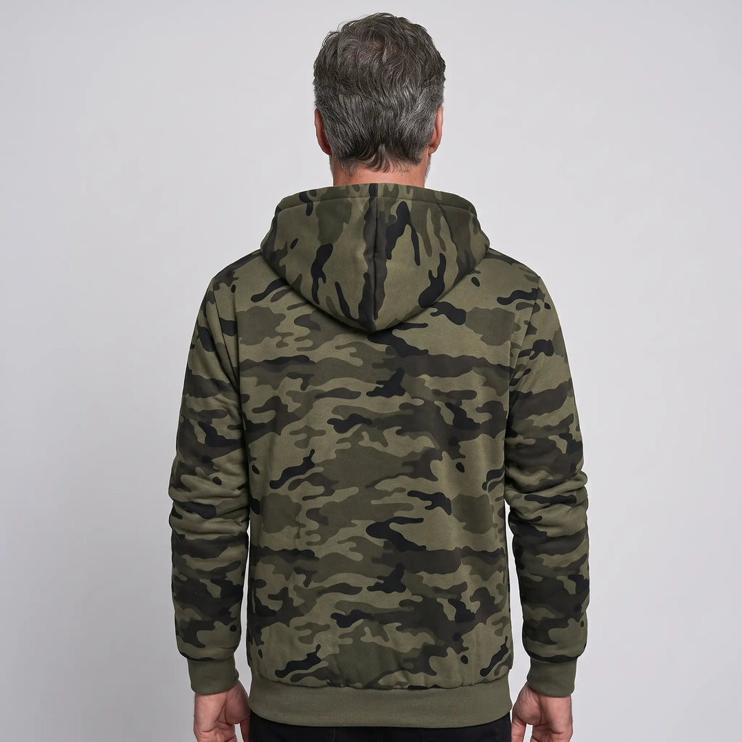 Back view of a man wearing the men's camo hoodie