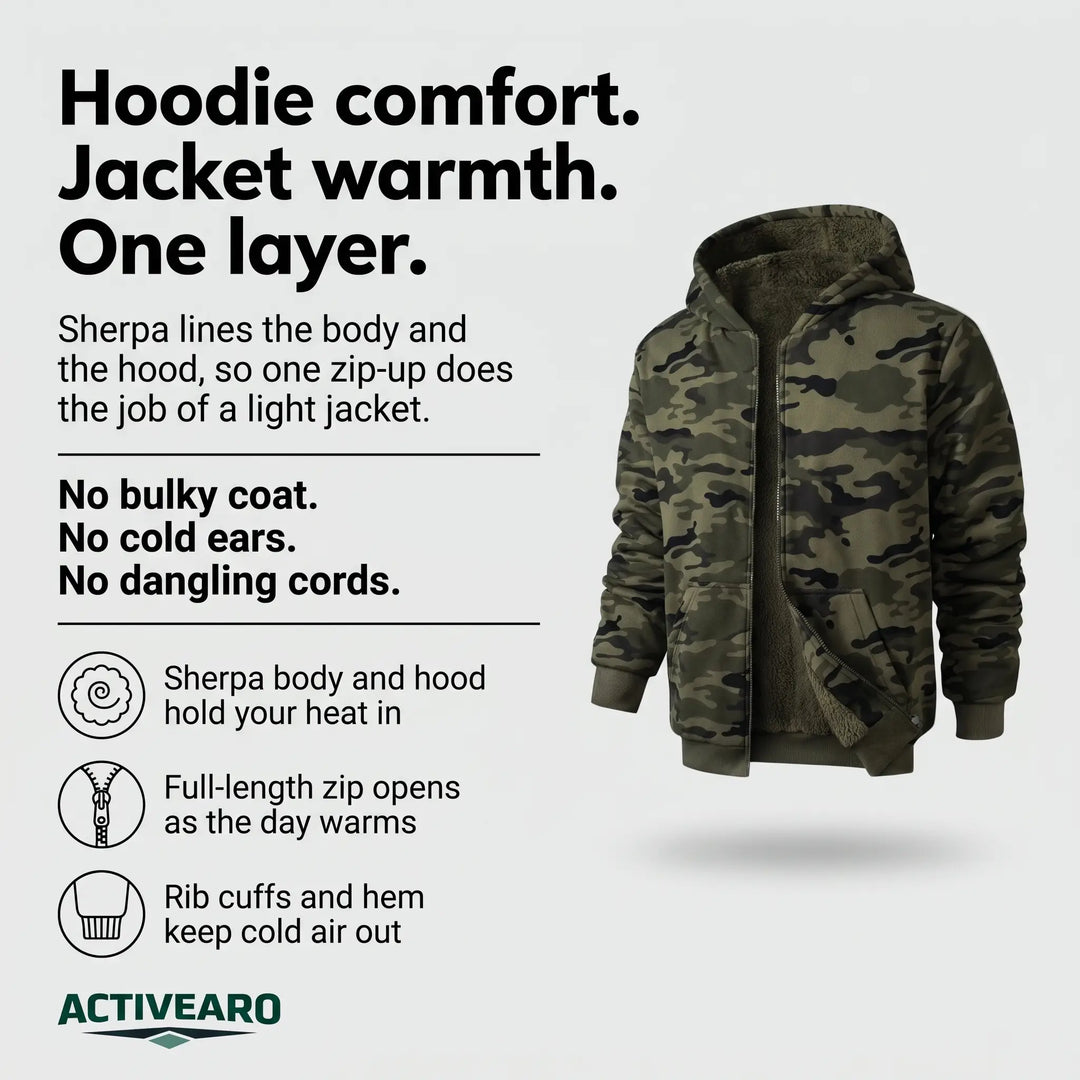 Camo sherpa hoodie features: sherpa body and hood, full-length zip, rib cuffs and hem