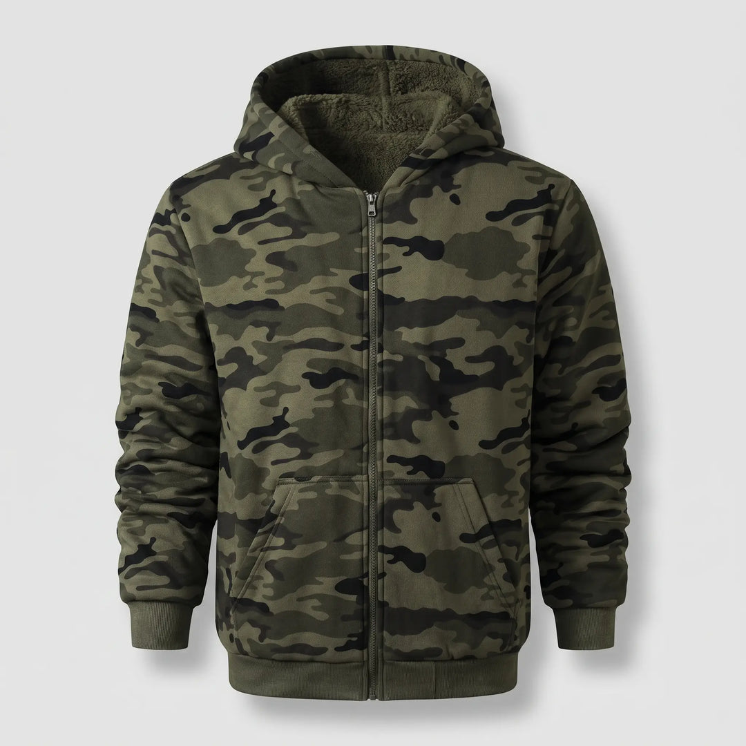 Men's camo hoodie front view with sherpa lined hood
