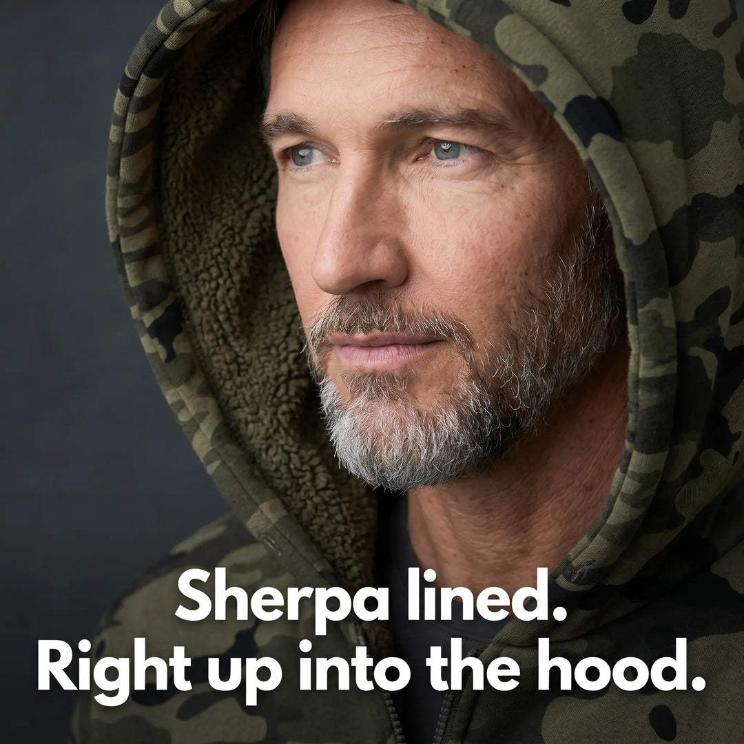Close-up of the sherpa lined hood on the men's camo hoodie