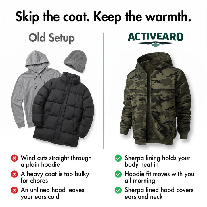 Comparison of a plain hoodie and heavy coat with the sherpa lined camo hoodie
