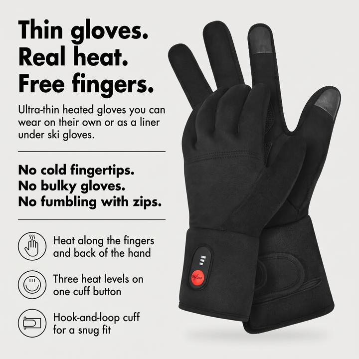 Heated glove liners benefits: thin fabric, heat along the fingers, three heat levels on one cuff button
