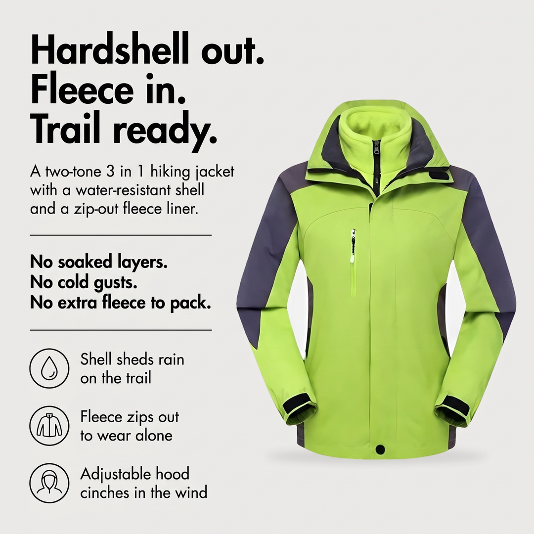 Women's hiking jacket benefits: water-resistant hardshell, zip-out fleece, adjustable hood