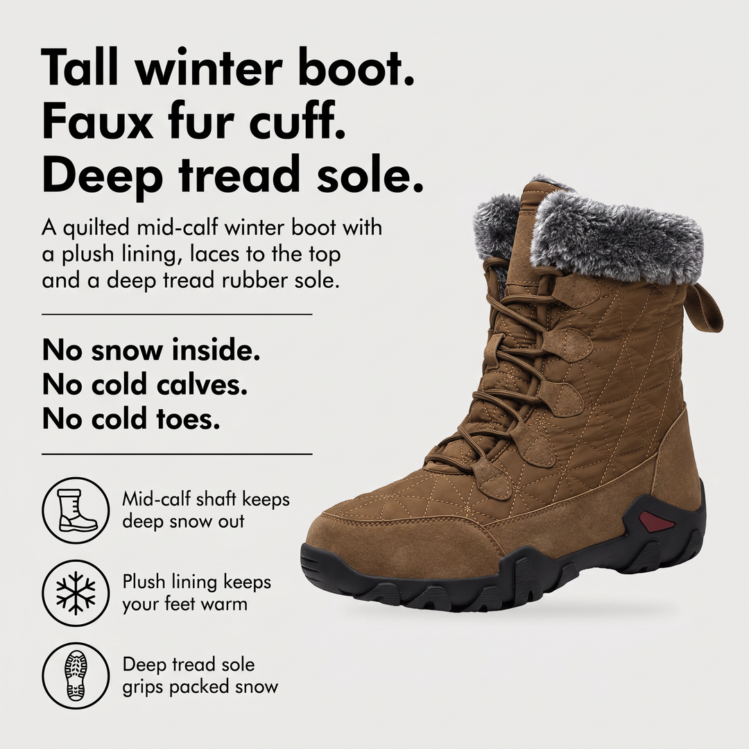 Men's tall winter boots benefits: mid-calf shaft, plush lining and deep tread sole