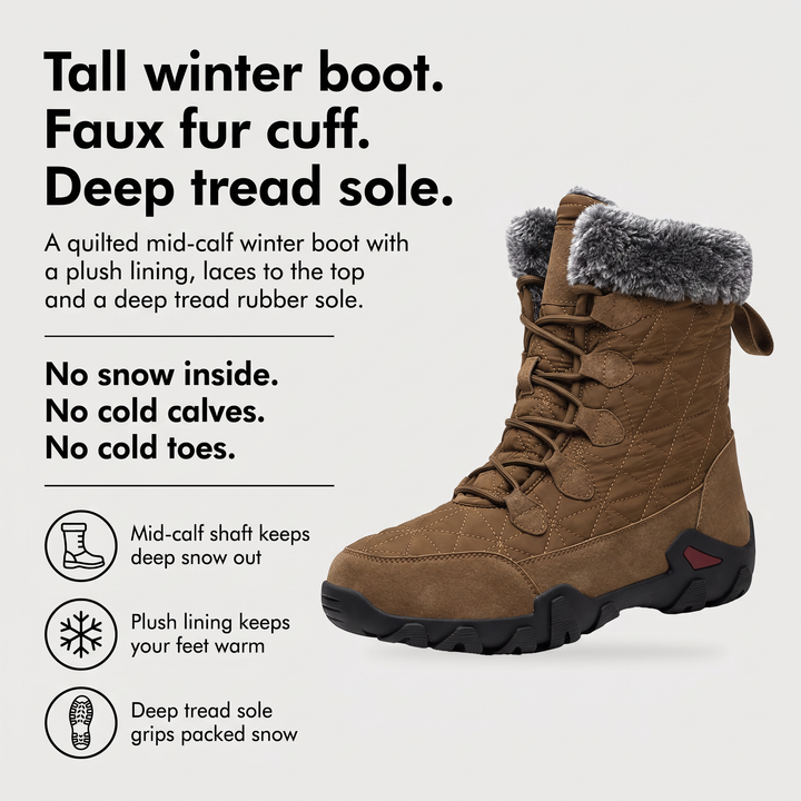 Men's tall winter boots benefits: mid-calf shaft, plush lining and deep tread sole