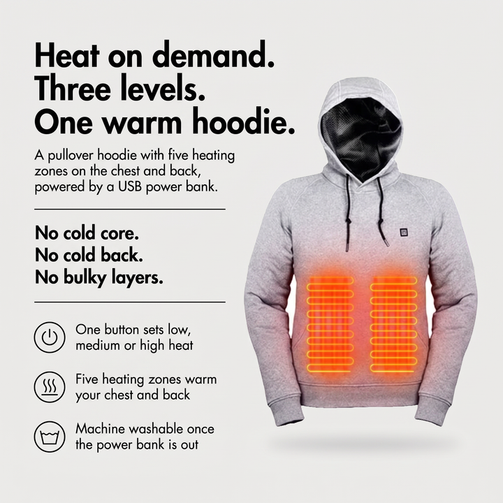 Heated hoodie benefits with three heat levels and five heating zones