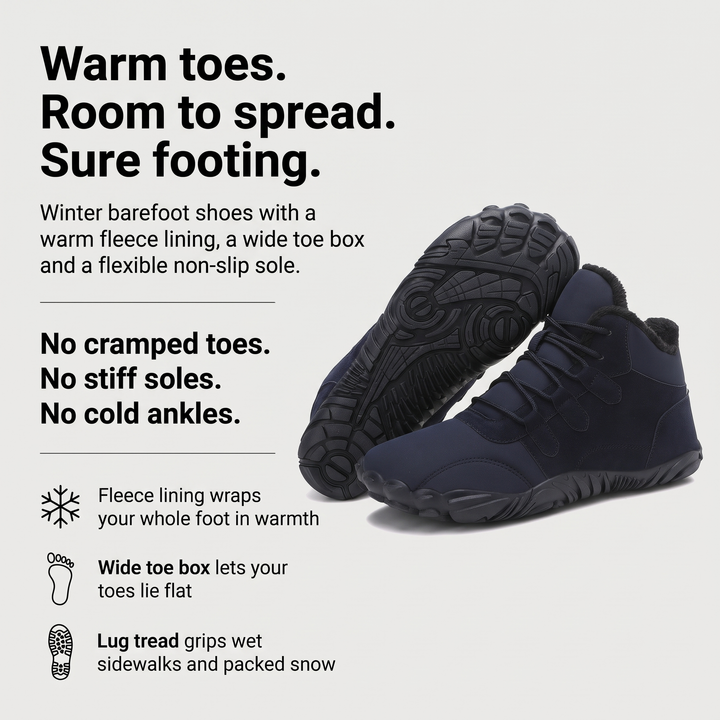 Winter barefoot shoes with warm fleece lining wide toe box and flexible non-slip sole