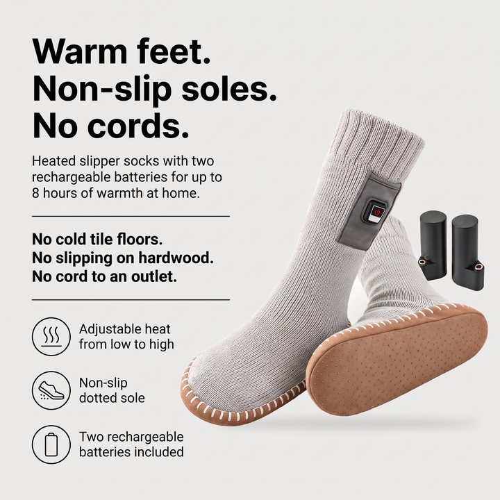 Heated slippers benefits: adjustable heat, non-slip dotted sole, two rechargeable batteries included