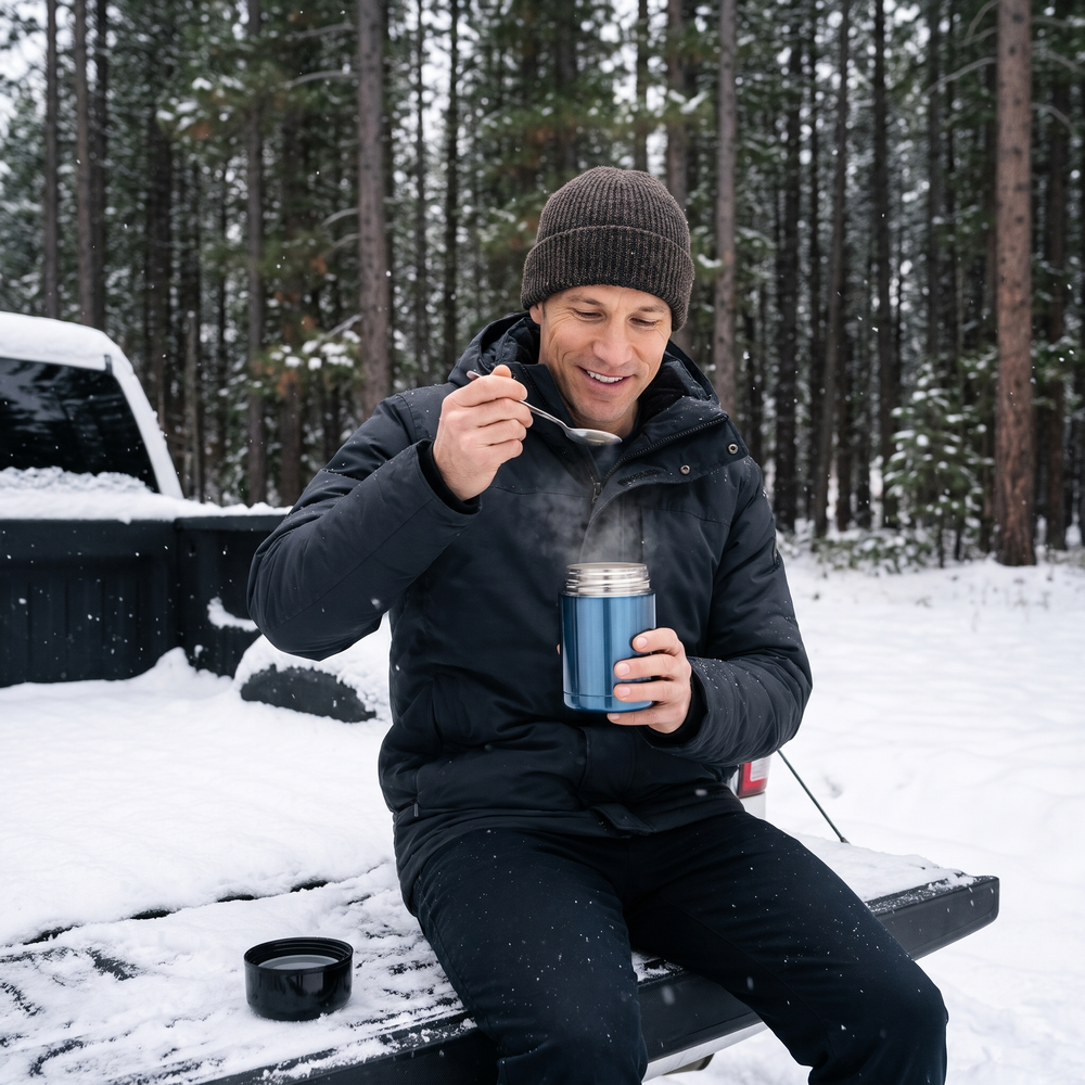 Man eating hot soup from the blue food thermos on a snowy tailgate