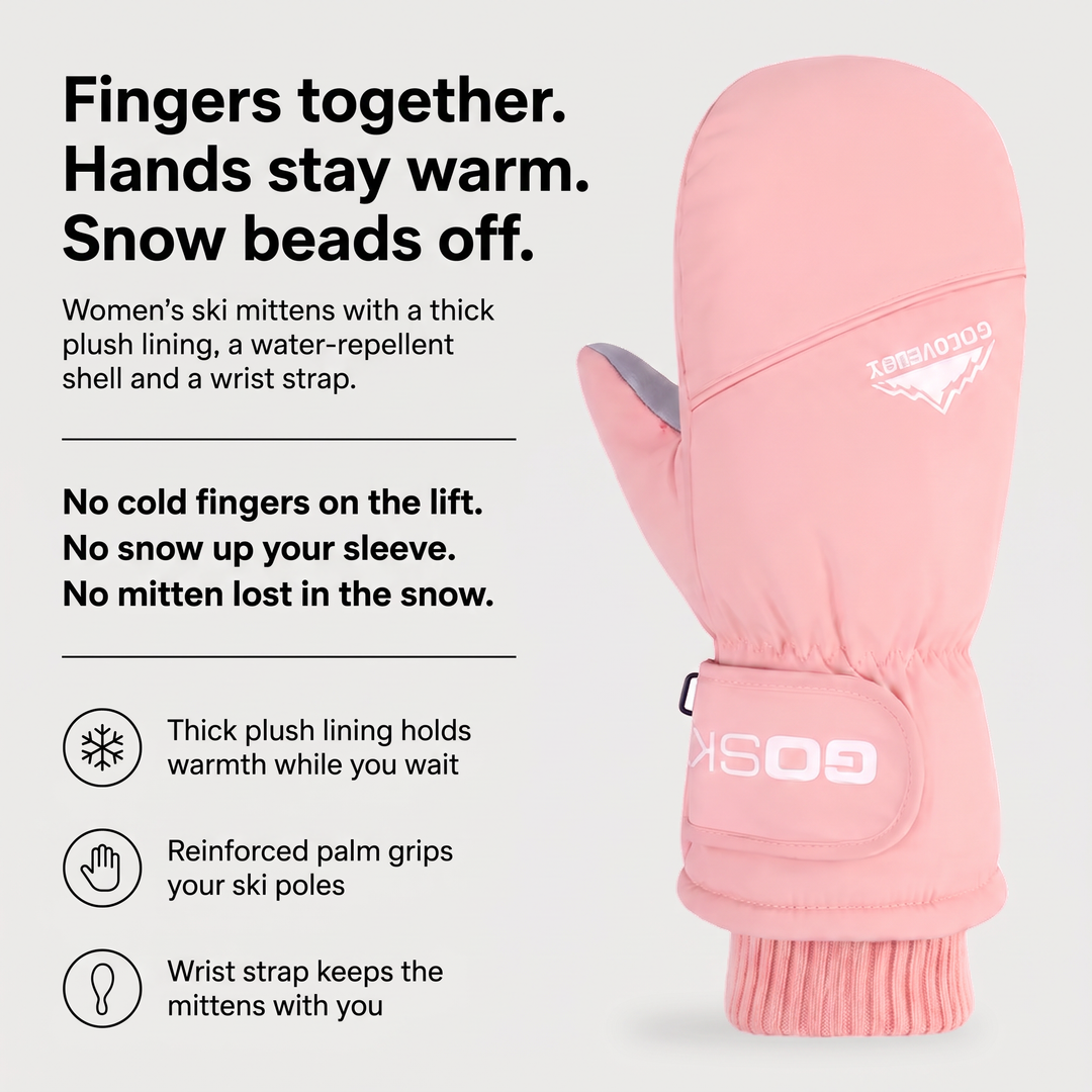 Women's ski mittens benefits: plush lining, water-repellent shell, reinforced palm, wrist leash