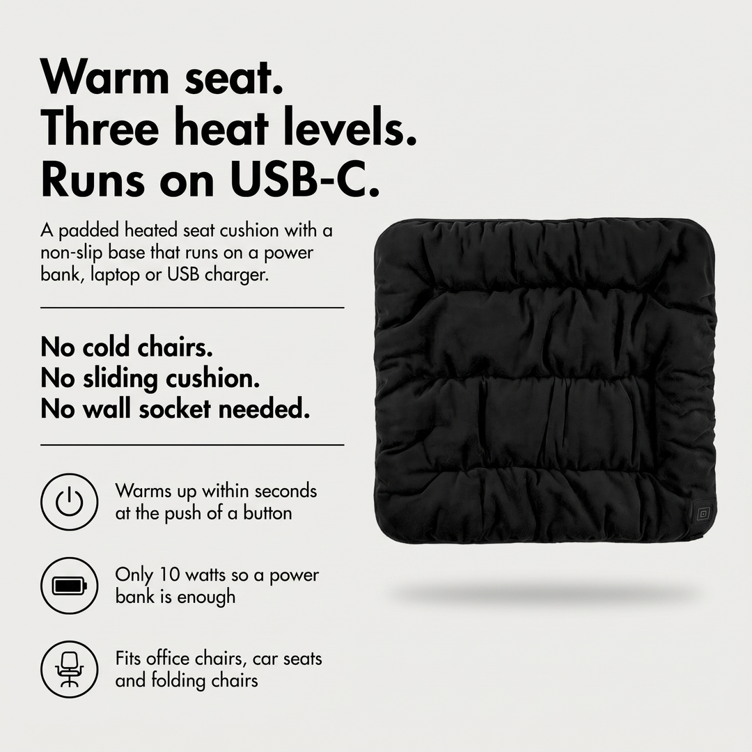 Heated seat cushion benefits: three heat levels, USB-C power, non-slip base