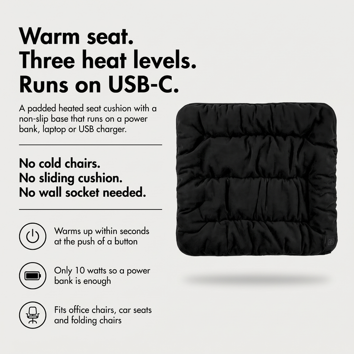Heated seat cushion benefits: three heat levels, USB-C power, non-slip base