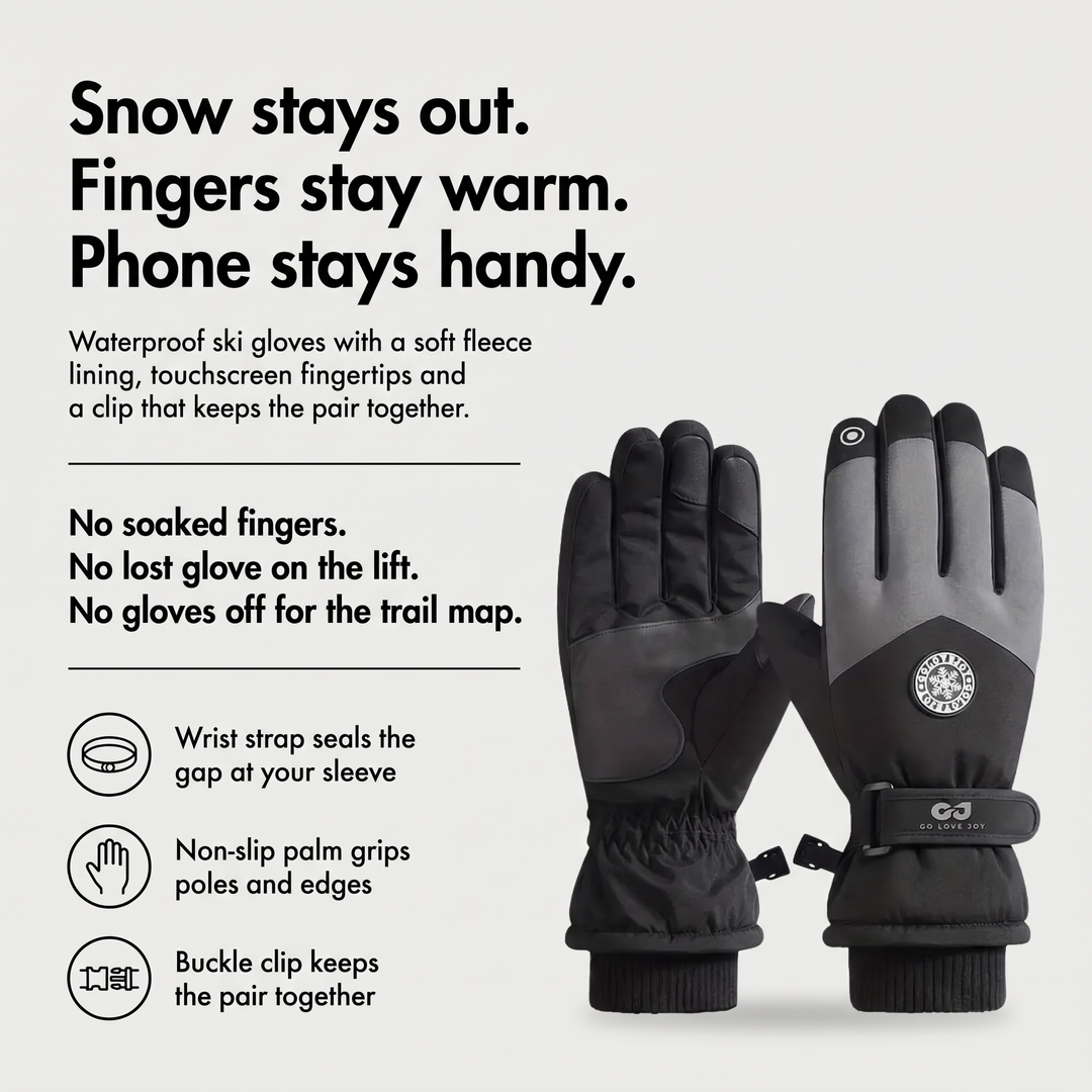 Snow gloves benefits: snow stays out, fleece lining, touchscreen fingertips, buckle clip