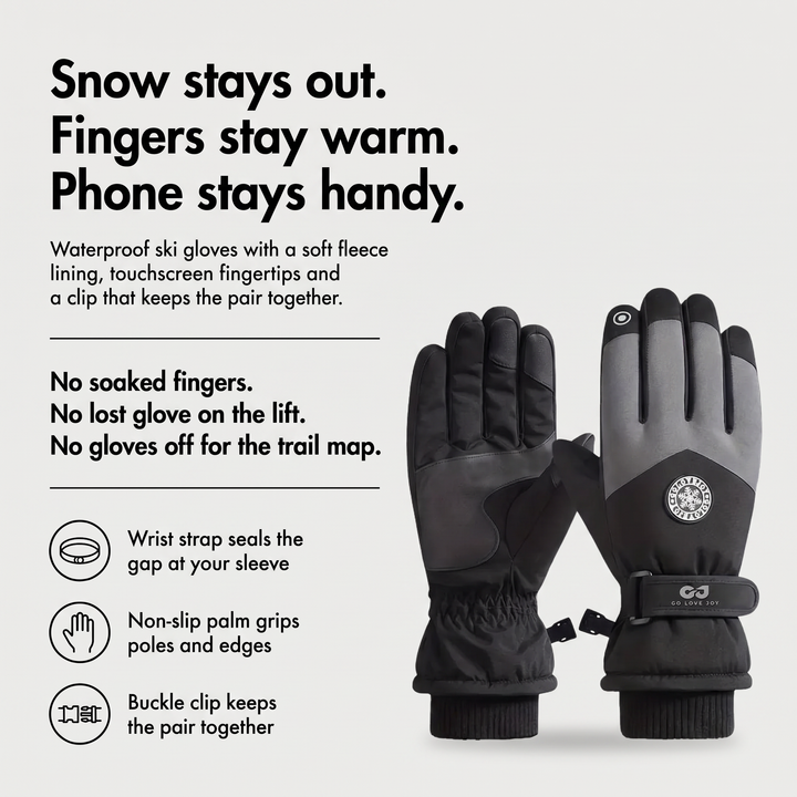 Snow gloves benefits: snow stays out, fleece lining, touchscreen fingertips, buckle clip