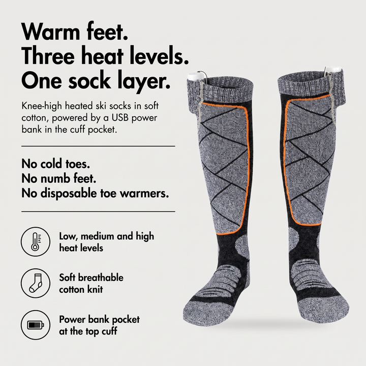 Heated ski socks benefits: three heat levels, soft breathable cotton knit, power bank pocket at the cuff