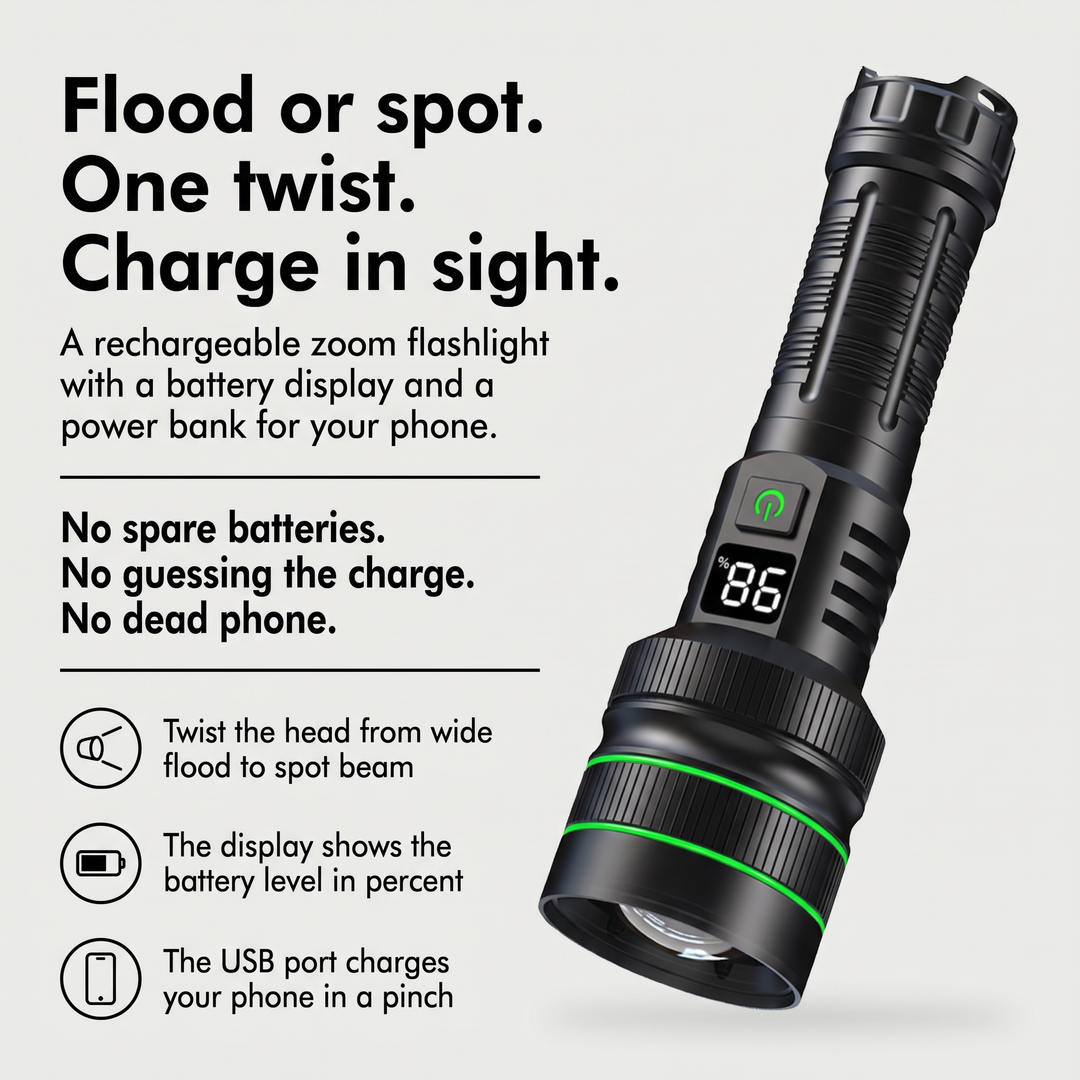 Flashlight with power bank benefits: twist zoom from flood to spot, battery percentage display, phone charging
