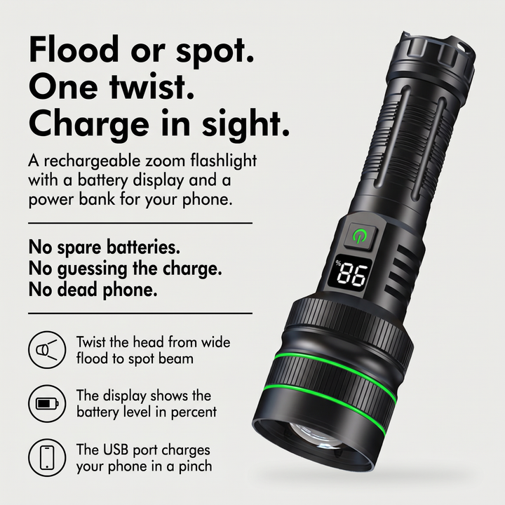 Flashlight with power bank benefits: twist zoom from flood to spot, battery percentage display, phone charging