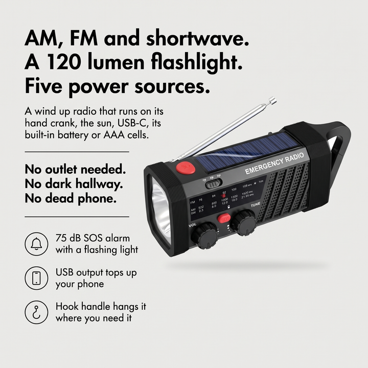 Crank radio benefits: AM, FM and shortwave, a 120 lumen flashlight and five power sources