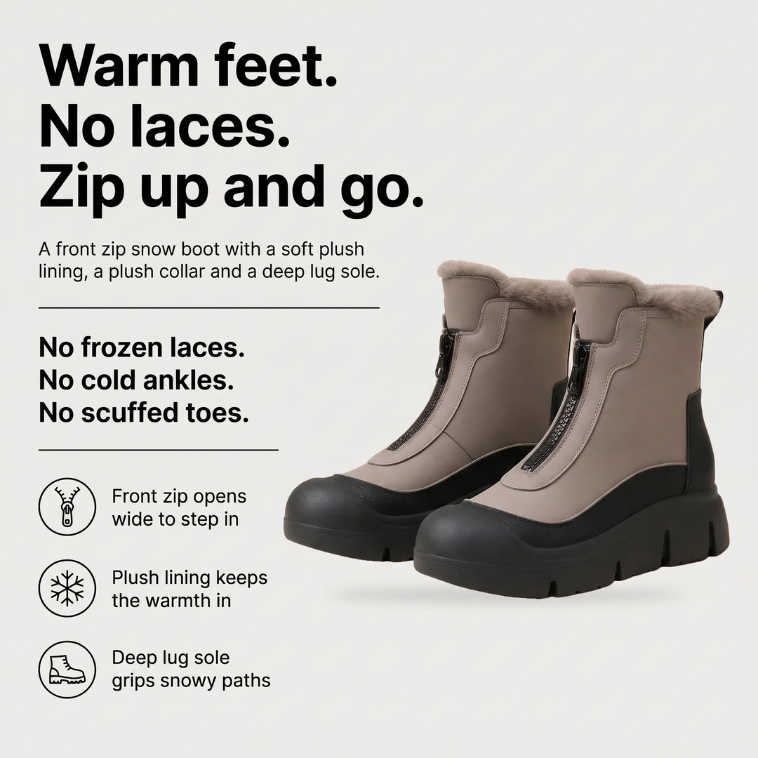 Women's snow boots benefits: front zip, plush lining, deep lug sole