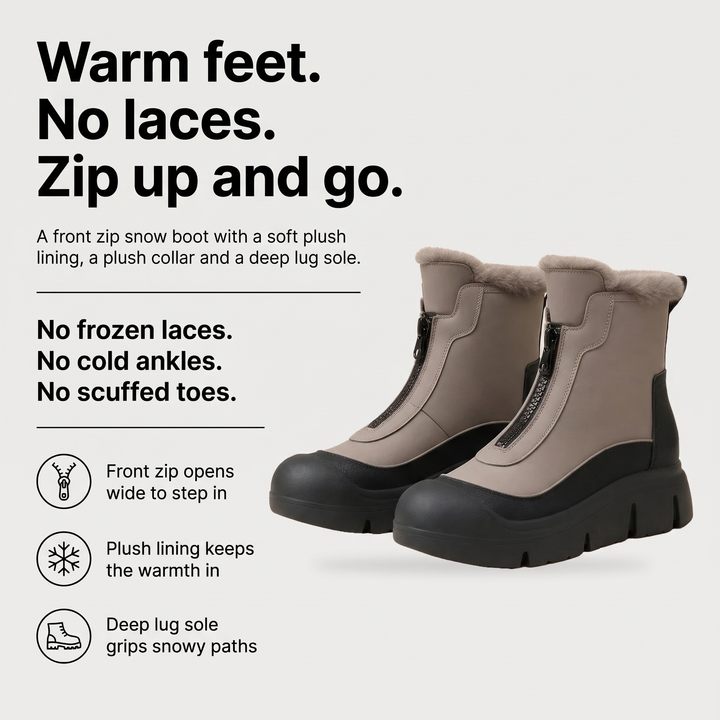 Women's snow boots benefits: front zip, plush lining, deep lug sole