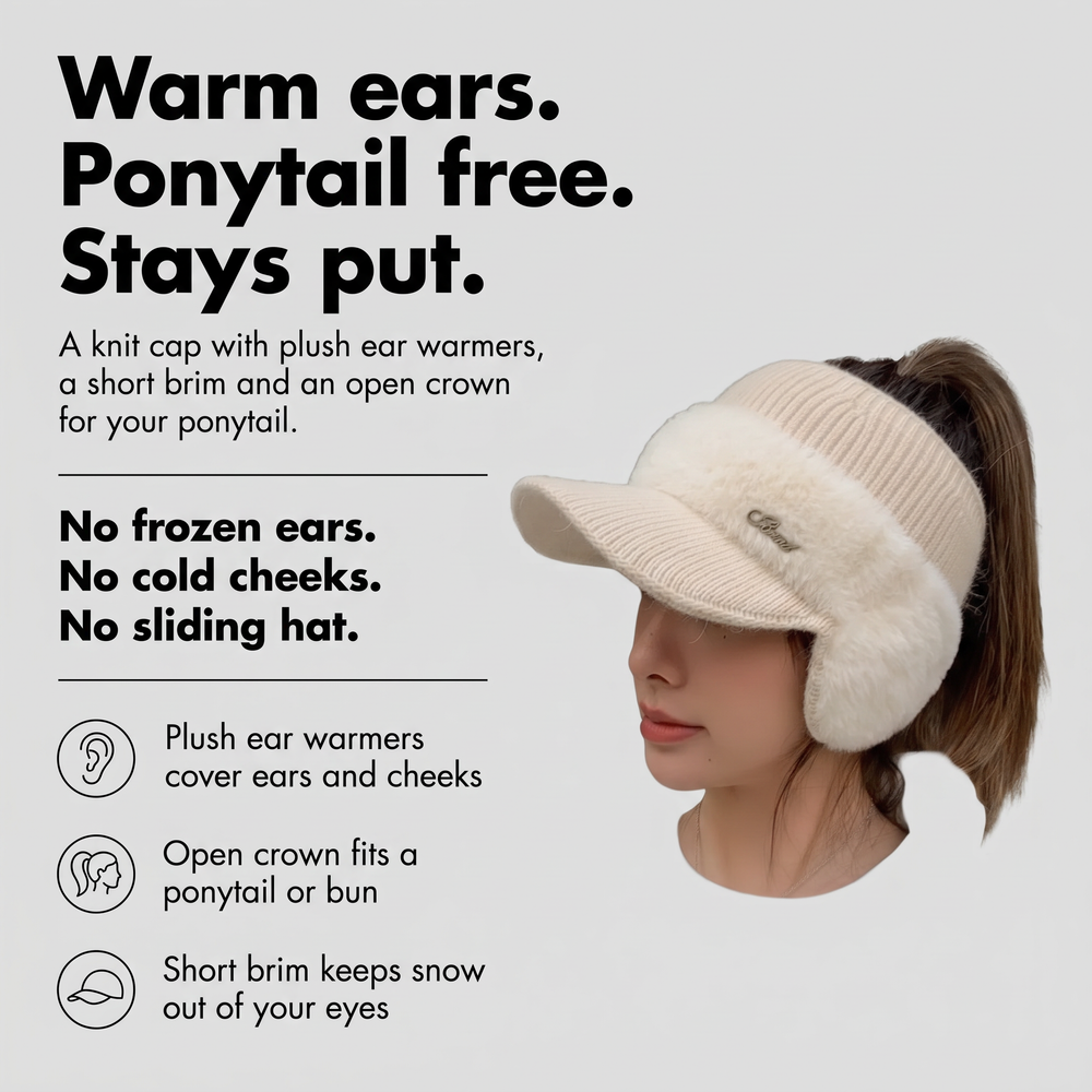 Ponytail beanie with plush ear warmers, open crown and short knit brim
