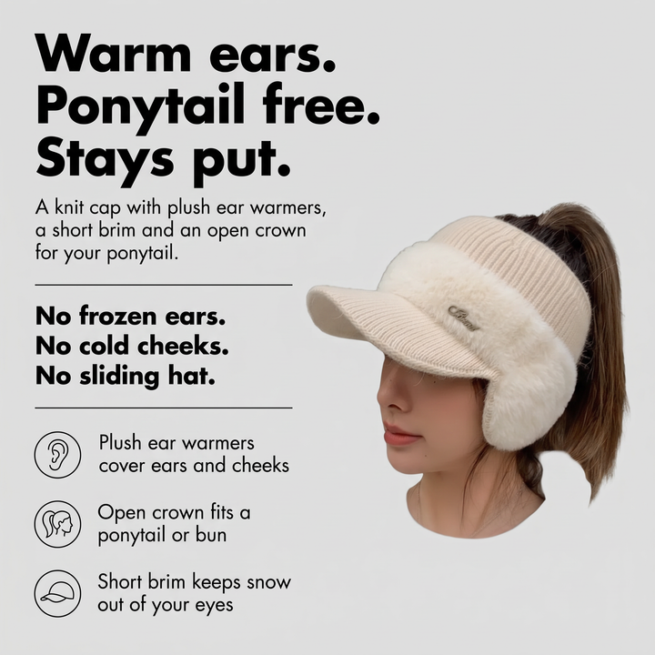 Ponytail beanie with plush ear warmers, open crown and short knit brim