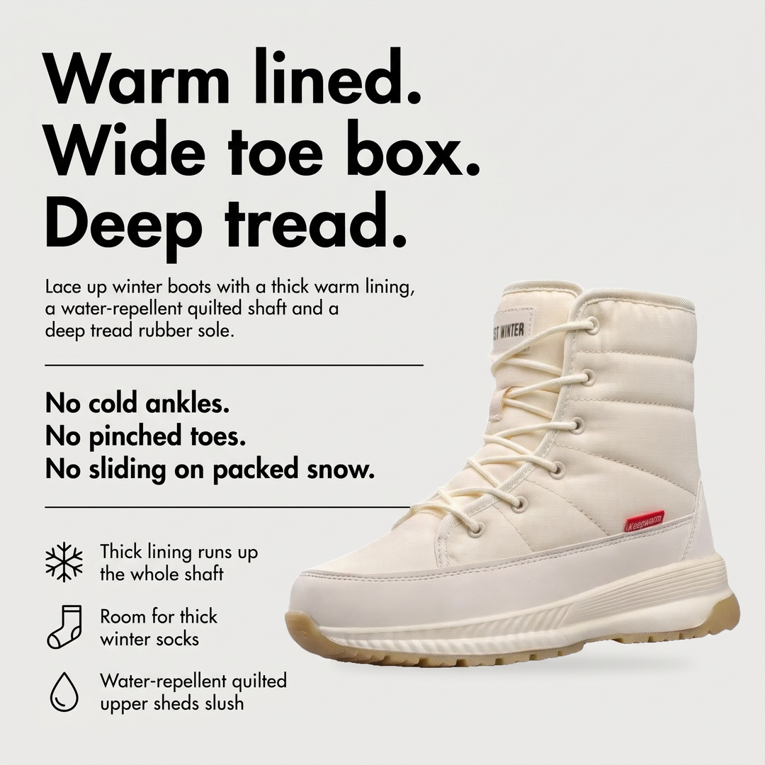 Quilted winter boots benefits: warm lining, wide toe box, deep tread sole