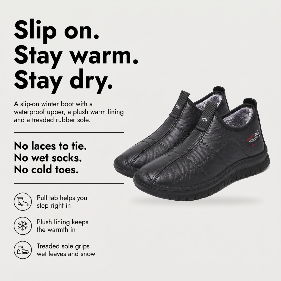 Men's slip on winter boots benefits: waterproof upper, plush lining, treaded sole