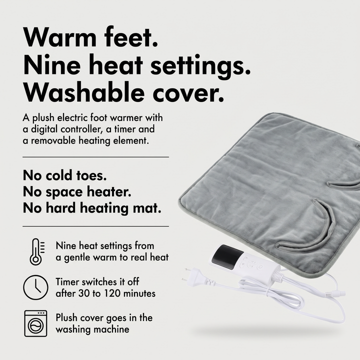 Electric foot warmer benefits: nine heat settings, timer, washable plush cover