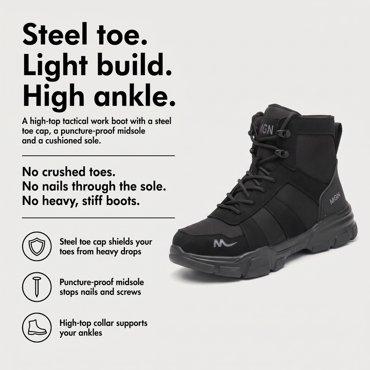Steel toe boots benefits: steel toe cap, puncture-proof midsole, high-top ankle support