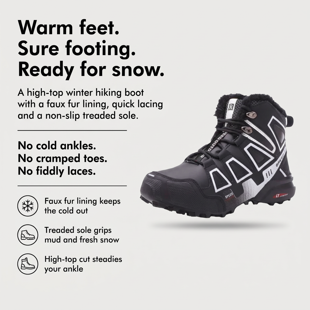 Winter hiking boots benefits: faux fur lining, treaded sole, high-top cut