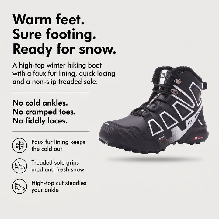 Winter hiking boots benefits: faux fur lining, treaded sole, high-top cut