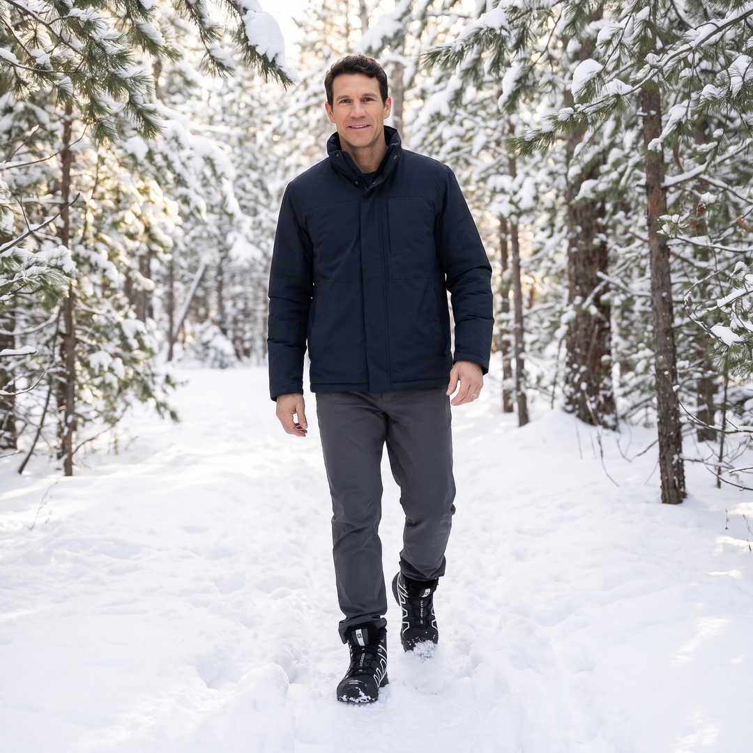 Man walking a snowy forest trail in black and white winter hiking boots