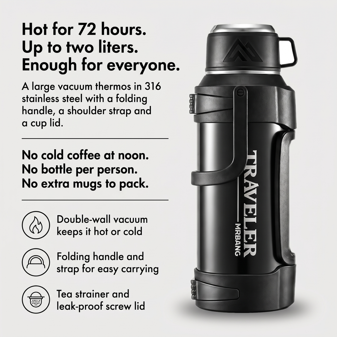 Large thermos keeps drinks hot for 72 hours and holds up to two liters