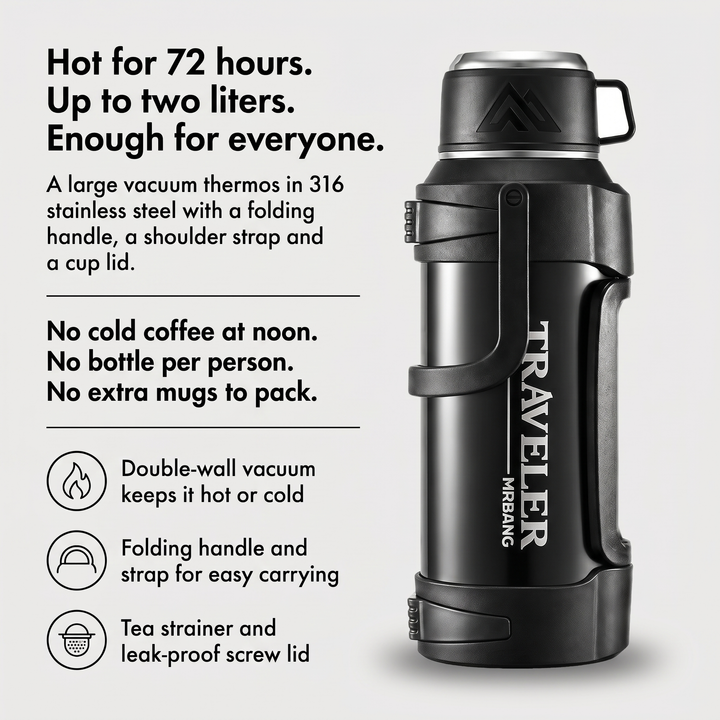 Large thermos keeps drinks hot for 72 hours and holds up to two liters