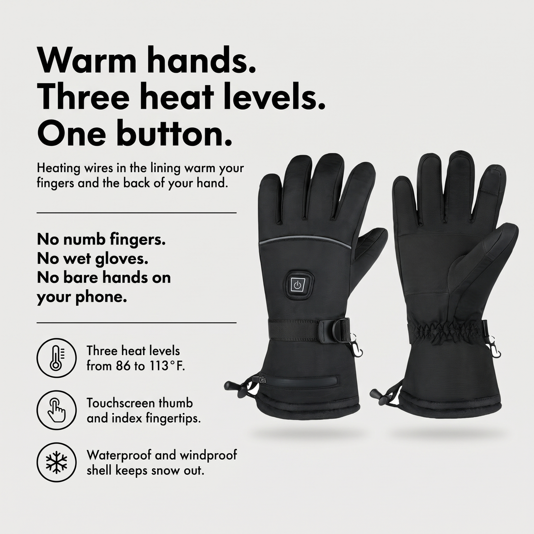 Heated ski gloves benefits: three heat levels, touchscreen fingertips, waterproof windproof shell