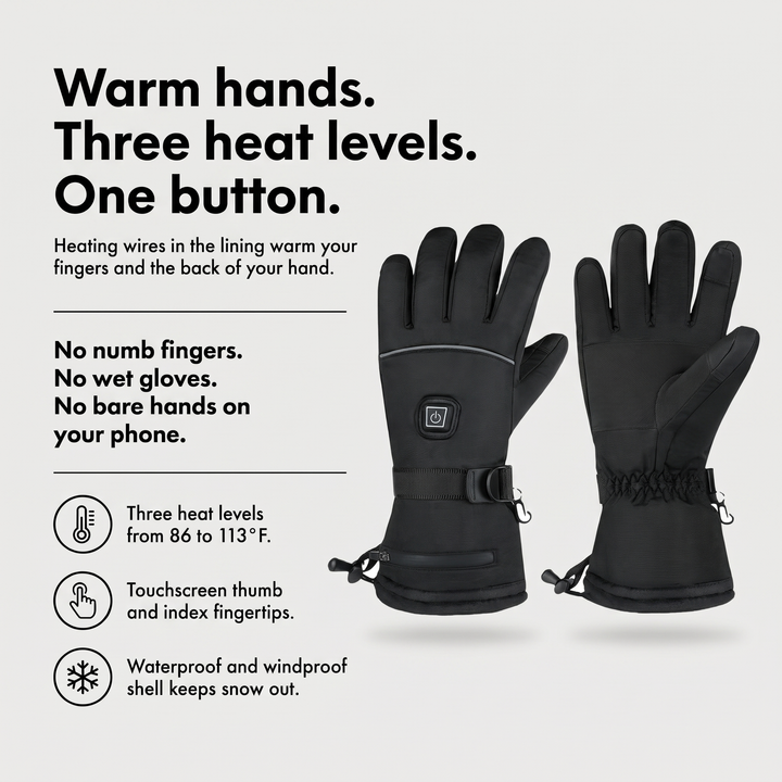 Heated ski gloves benefits: three heat levels, touchscreen fingertips, waterproof windproof shell
