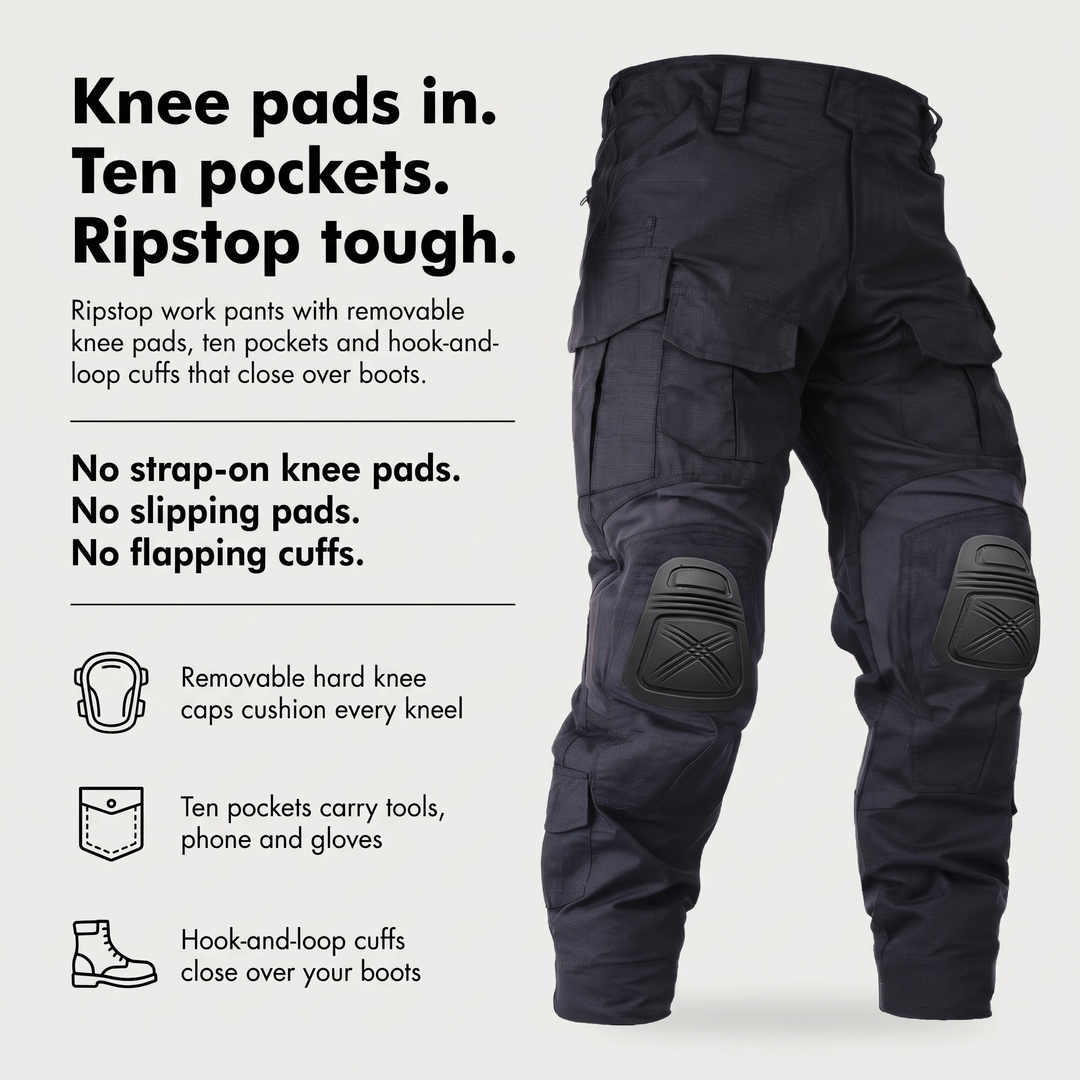 Work pants with knee pads benefits: removable hard knee caps, ten pockets, hook-and-loop cuffs