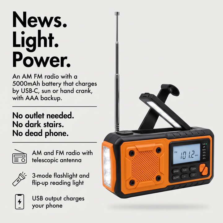 AM FM radio benefits: 5000mAh battery, USB-C solar and hand crank charging, flashlight and phone charging