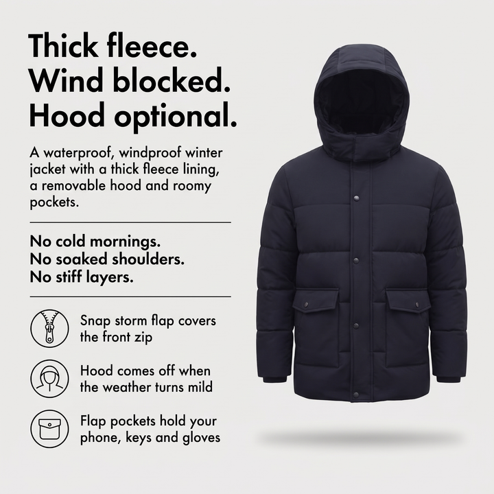 Men's winter jacket with thick fleece lining removable hood and roomy pockets