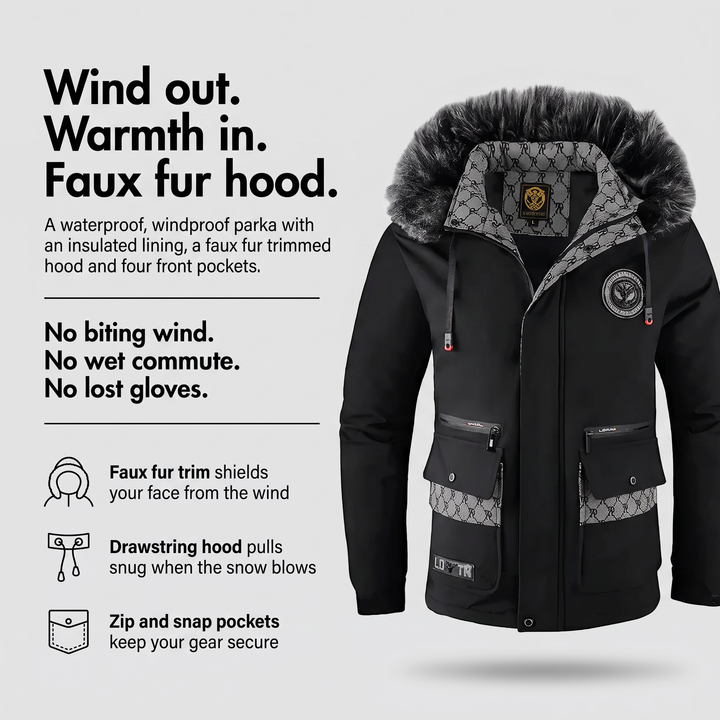 Men's parka with waterproof windproof shell insulated lining and faux fur hood