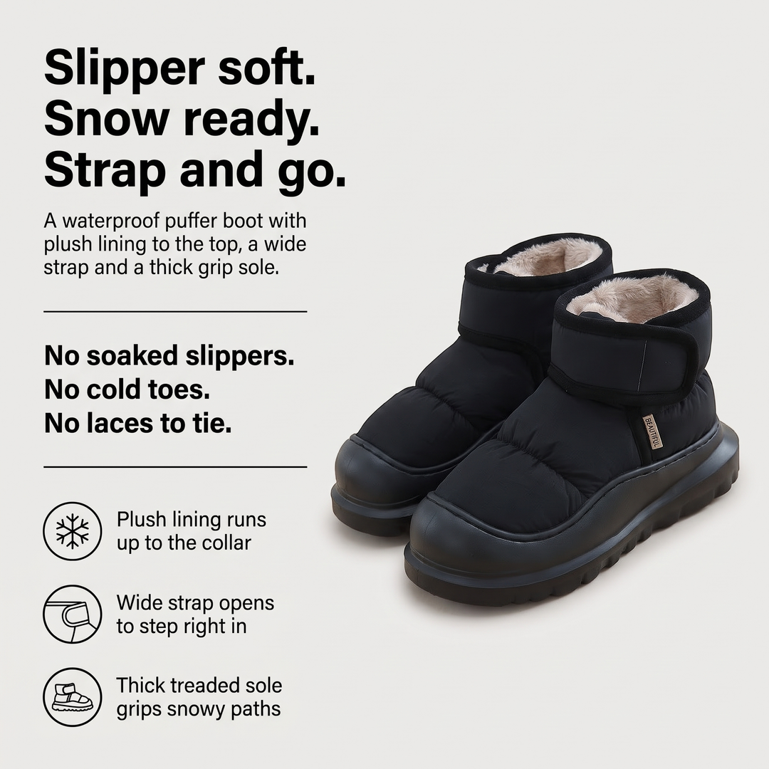 Puffer slipper boots with plush lining, wide strap and thick grip sole