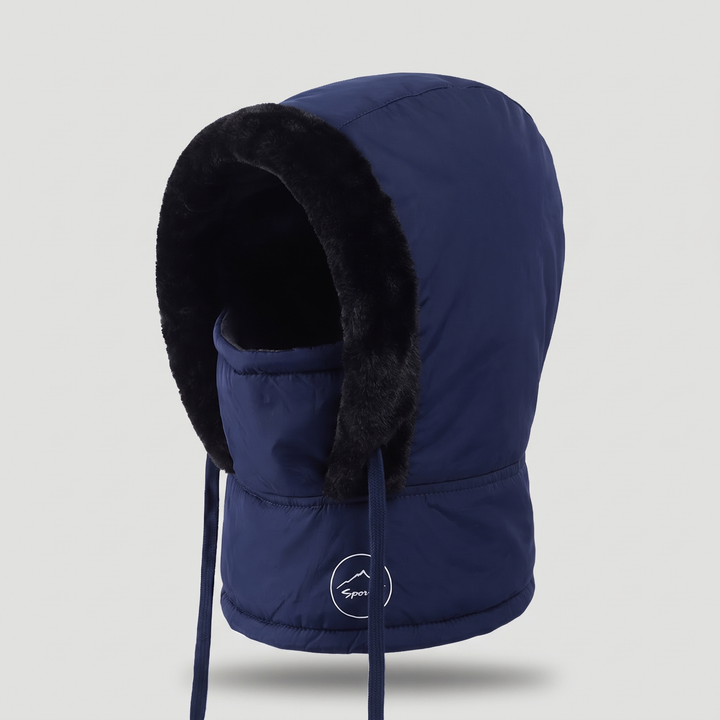 Hooded balaclava padded winter hood with plush trim and face mask in navy blue