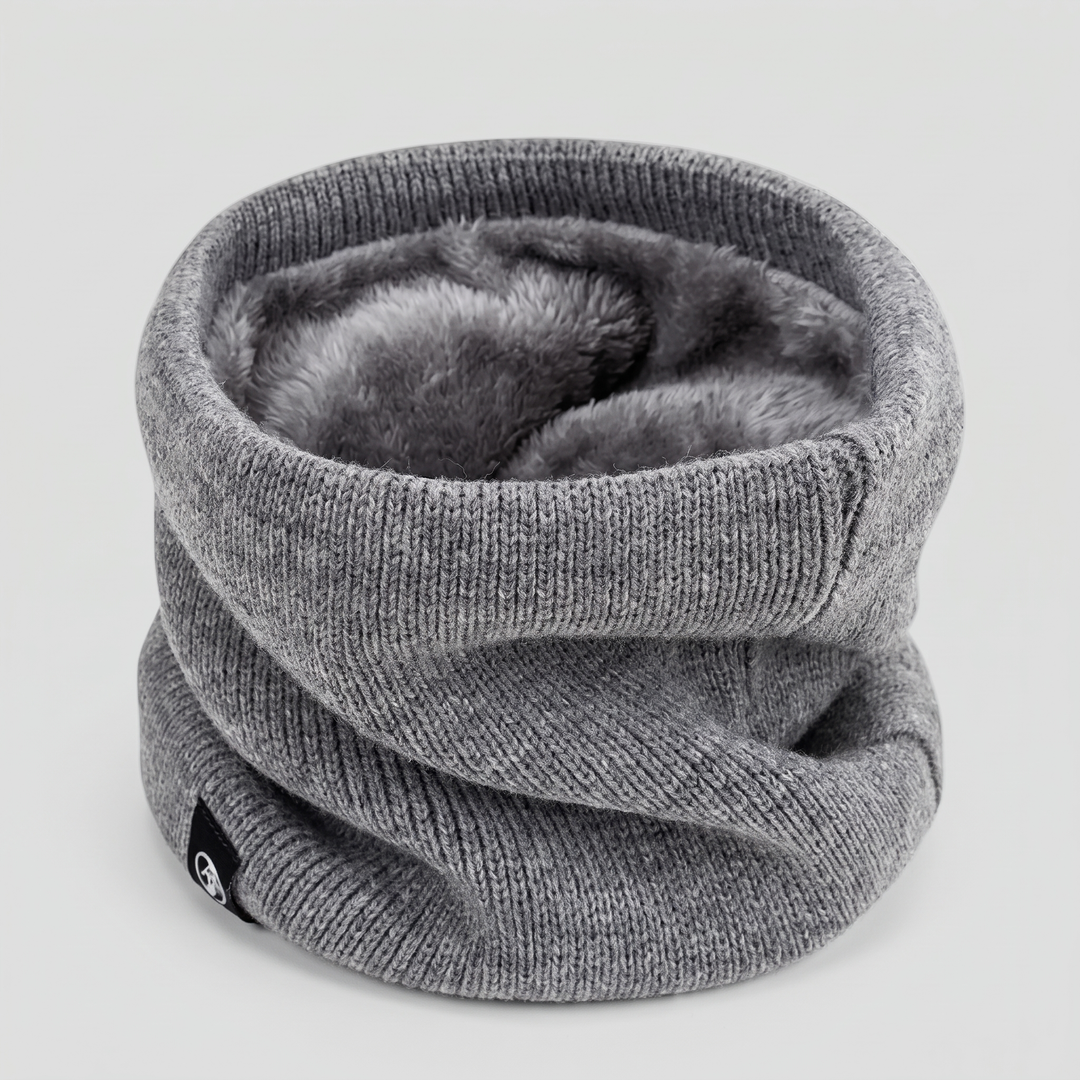 Gray plush lined knit neck gaiter, front view