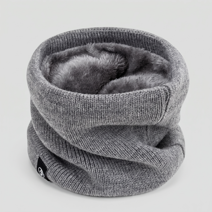 Gray plush lined knit neck gaiter, front view