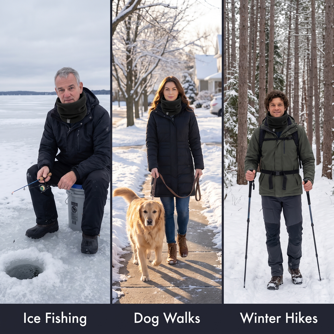 Neck gaiter for ice fishing, dog walks and winter hikes